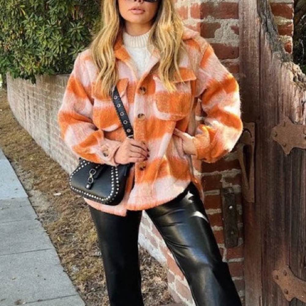 Plaid Orange Shacket Jacket - Women’s Cozy Button-Up